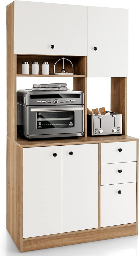 Giantex Kitchen Pantry, Buffet Hutch with 3 Storage Cabinet, 71'' Floor Large Cupboard with 3 Deep Drawers, Wide Countertop, Adjustable Shelves, Tall Sideboard (White & Natural)