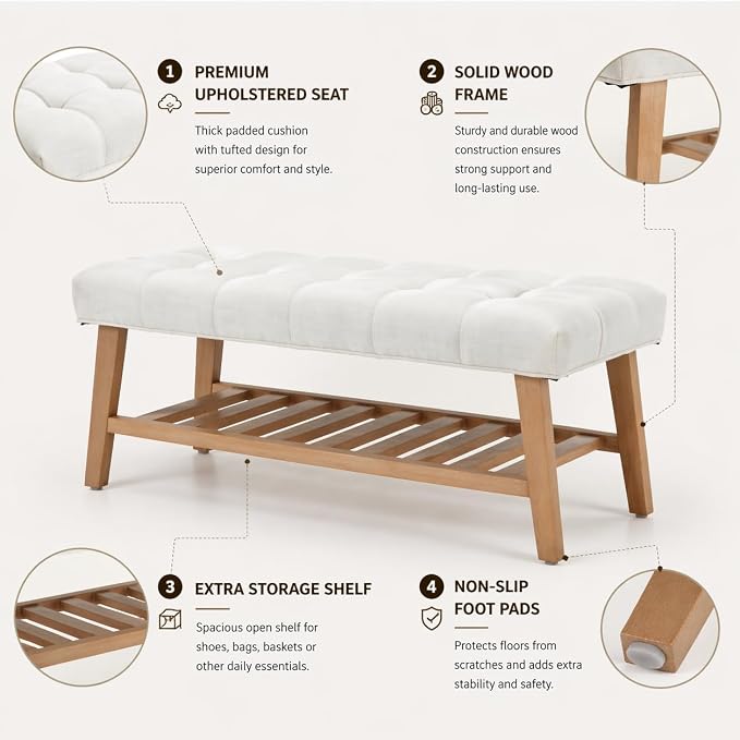Kmax Entryway Bench with Shoe Storage, Upholstered Wood Storage Bench for Living Room Window Bench for Bedroom End of Bed - Linen, Beige