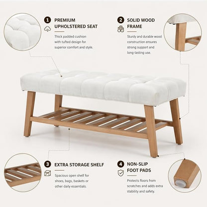 Kmax Entryway Bench with Shoe Storage, Upholstered Wood Storage Bench for Living Room Window Bench for Bedroom End of Bed - Linen, Beige