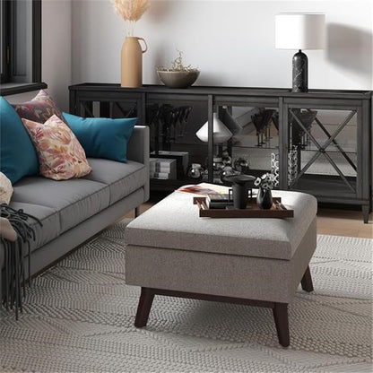 SIMPLIHOME Owen Coffee Table Storage Ottoman - 34" Wide x 19" High Upholstered Woven Fabric Rectangular Lift-Top Ottoman in Cloud Grey, Mid-Century Modern Bench for Living Room with Tapered Legs
