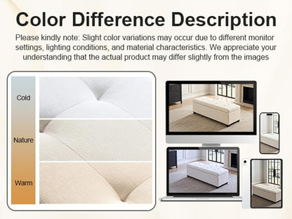 Asense 42" Storage Ottoman Bench, Large Linen Upholstered Rectangular Footstool with Safety Hinges, End of Bed Bench for Bedroom, Entryway Bench with Storage, Window Seat, Beige
