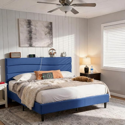 EnHomee King Bed Frame with Upholstered Headboard, Navy Blue | Adjustable Height , Charging Station, No Box Spring Needed, Noise-Free,Easy Assembly