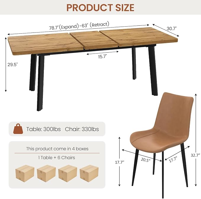 Extendable Dining Table Set for 6 to 8 People, 63" to 78.7" Modern Kitchen Table Set with 6 Leather Chairs, MDF Dining Room Table and Chairs with Removable Extension Leaf (Walnut Table+Brown Chairs)