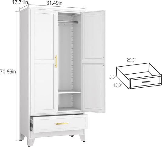 Metal Armoire Wardrobe Closet with Drawers,Storage Cabinet with Hanging Rod,71'' Metal Wardrobe Cabinet with 2 Doors and Adjustable Shelves for Bedroom, Laundry Room, Cloak Room