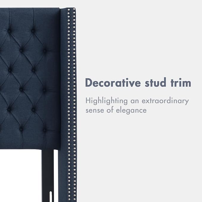 Madison Park Queen Wingback Upholstered Tufted Headboard, Featuring High-Density Sponge Padding, Adjustable Height Headboard, Easy Assembly, Navy