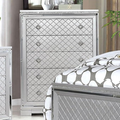 First of a Kind Queen Size Glam Bedroom Furniture 5 Piece Set in Silver - Button Tufted Headboard, Mirror Panels Crystal Acrylic, Dual Nightstands, Bed, Dresser, Mirror, Chest, Jewellery Storage