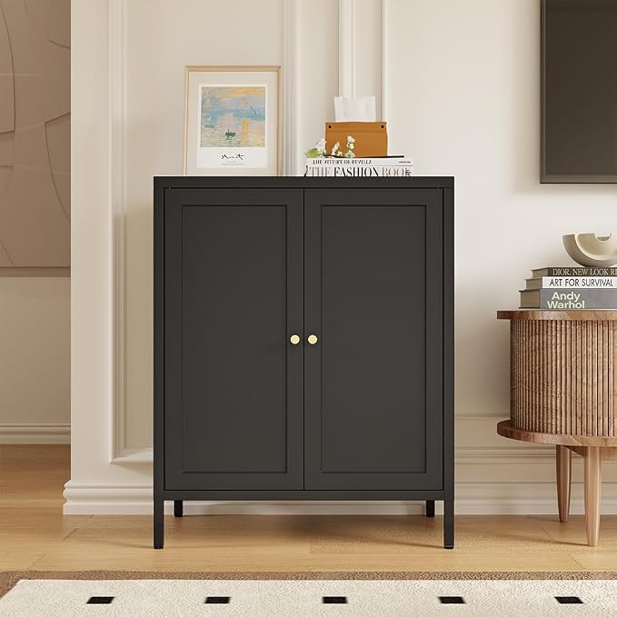 Metal Accent Storage Cabinet for Home, LivingRoom, Office,Kitchen- Metal Locker Cabinet with 1 Adjustable Shelves-Bathroom Floor Storage Cabinet Freestanding Organizer(Square Door, Black)