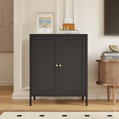 Metal Accent Storage Cabinet for Home, LivingRoom, Office,Kitchen- Metal Locker Cabinet with 1 Adjustable Shelves-Bathroom Floor Storage Cabinet Freestanding Organizer(Square Door, Black)
