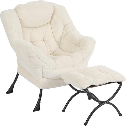 Furlide Lazy Chair with Ottoman, Modern Accent Chair with Armrests and a Side Pocket, Plush Beige Accent Chairs, Reading Chairs, Oversized Armchairs for Bedroom, Study, Living Room, Courtyard