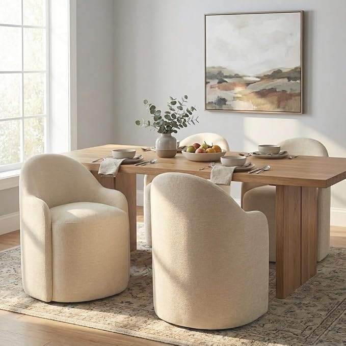 KISLOT Upholstered Dining Chairs with Casters, No Assembly Modern Dining Room Chairs Accent Vanity Chair with 5 Wheels & Round Backrest for Bedroom, Living Room, Dressing, Sand Fabric, Set of 2