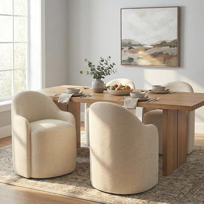 KISLOT Upholstered Dining Chairs with Casters, No Assembly Modern Dining Room Chairs Accent Vanity Chair with 5 Wheels & Round Backrest for Bedroom, Living Room, Dressing, Sand Fabric, Set of 2