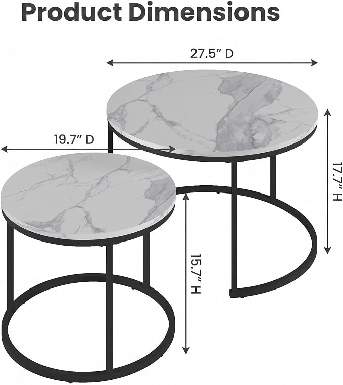 Living Room Side Table, Round Coffee Tables for Living Room, Modern Nesting Drink for Small Spaces, Set of 2 (Marble)
