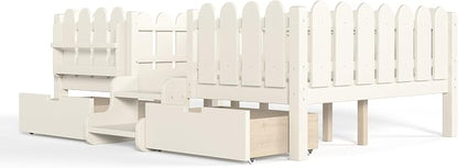 Bellemave Full Kids Montessori Bed with Stairs, Bookshelf and LED Lights, Solid Wood Kids Bed Frame with Storage Drawers for Boys Girls, Low Profile,Beige