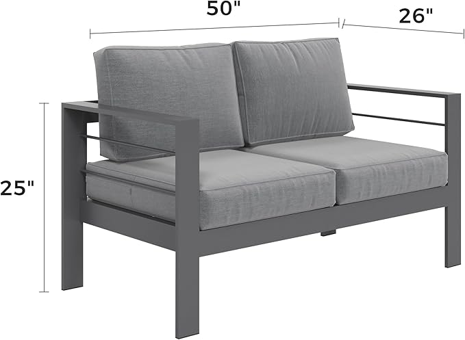 Kiss the Water Loveseat Aluminum Outdoor Patio Sofa Set, All Weather Rust-Proof Metal Patio Couch, Modern Outdoor Furniture for Backyard Porch Garden, 5" Thick Waterproof Olefin Cushions, Light Grey