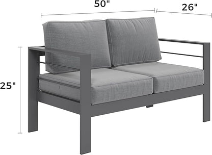 Kiss the Water Loveseat Aluminum Outdoor Patio Sofa Set, All Weather Rust-Proof Metal Patio Couch, Modern Outdoor Furniture for Backyard Porch Garden, 5" Thick Waterproof Olefin Cushions, Light Grey