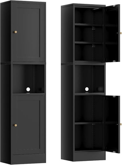 67" Tall Narrow Storage Cabinet with Doors and Open Shelf,Metal Pantry Cabinet,Shaker Style Slim Cabinet with Adjustable Shelves,for Bathroom Kitchen Laundry Small Spaces, Black, 1Pc