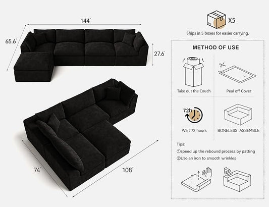 Cloud Sectional Couches for Living Room | 144 Inch L-Shaped Boneless Couch with Ottoman | Black Modular Sectionals Sofa Couch