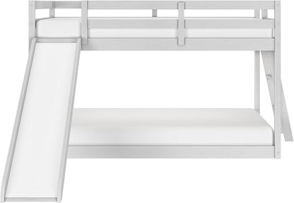 Grain & Grove Bear Twin Over Twin Bunk Bed with Slide, Low Bunk Bed Frame for Kids, Bunk with Ladder, Guardrail, and Slats, No Box Spring Required, Brushed White