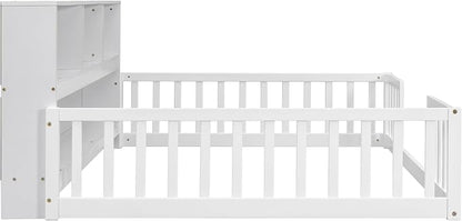Bellemave Kids Montessori Floor Bed,Full Size Floor Bed with Bookcase and Shelves,Full Bed Frame with Guardrails for Kids,Girls,Boys,Full,White