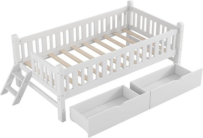 Merax Wood Twin Size Platform Bed with Guardrail and 2 Drawers, Kids Bed Frame with Stairs, White