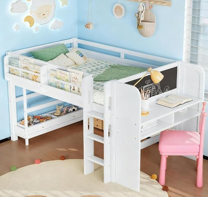 Bellemave Twin Size Low loft Bed with Desk and bookcases, Boxes and Drawers for Kids,Wood Modern Farmhouse Kids Loft Bed with Shelf, White
