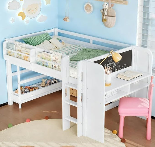 Bellemave Twin Size Low loft Bed with Desk and bookcases, Boxes and Drawers for Kids,Wood Modern Farmhouse Kids Loft Bed with Shelf, White