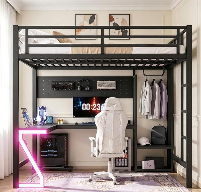 Bellemave Full Size Loft Bed with Desk and USB Ports, Computer Tray, Peg Board LED, Metal Full Loft Bed Frame for Adults, Kids, Teens, Black