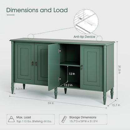 JOINICE 59" Sideboard Buffet Cabinet with Storage for Dining Room,Green | Vintage Credenza with Adjustable Shelves & Solid Wood Legs,supports up to 100 lbs,for Kitchen,Bar,Hallway,TV Console