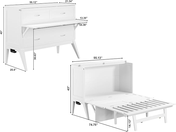 AFI, Northampton Full Size Murphy Bed Desk with Memory Foam 6" Mattress and Built-in USB Charger, White