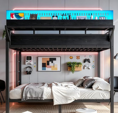 Bellemave Bunk Bed Queen Over Queen，Metal Bunk beds with Storage Shelves USB Ports and LED Lights, Black