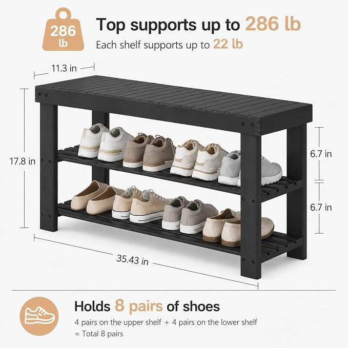 Shoe Rack Bench, 3-Tier Shoe Storage Organizer for Entryway , Shoe Shelf for Small Spaces, Multi-Functional Side Table Plant Stand, Shoe Stand for Bedroom, Living Room, Closet, Front Door, Black