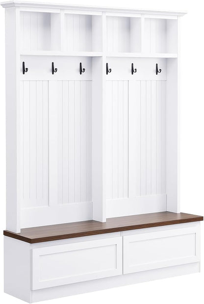 55.9" W Hall Tree with Bench and Shoe Storage,Shoe and Coat Rack with Drawer and Hooks,Farmhouse Furniture for Entryway,Mudroom,Living Room,White