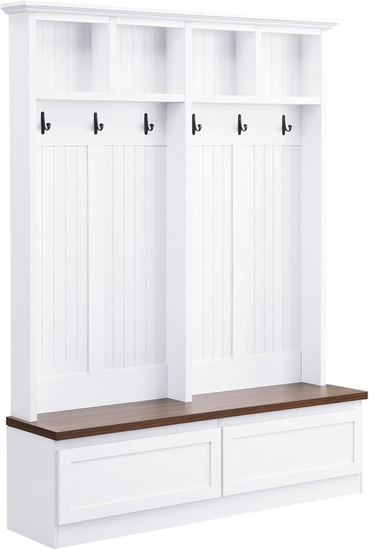 55.9" W Hall Tree with Bench and Shoe Storage,Shoe and Coat Rack with Drawer and Hooks,Farmhouse Furniture for Entryway,Mudroom,Living Room,White