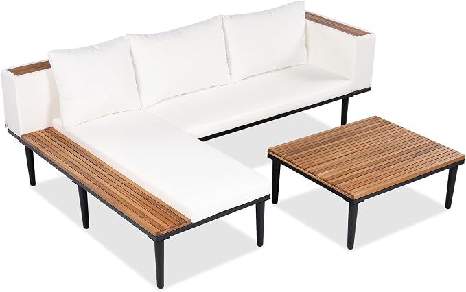 VilroCaz Luxury Outdoor Patio Furniture Set, L-Shaped Acacia Wood Sectional Sofa with Side Table, All-Weather Conversation Set with Removable Cushions and Coffee Table for Backyard Porch (Beige-4.20)