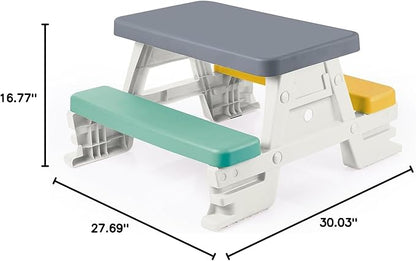DOLU: Picnic Table for 4: White, Green, Yellow - Indoor/Outdoor, Bench Seating, Durable Waterproof Plastic Toy, 30.3 x 28 x 17, Toddler Kids Age 2+
