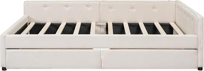 Ball & Cast Queen Size Daybed with Storage Drawers,Linen Upholstered Bed Frame with Button Tufted Backrest and Armrests,L Shaped Day Bed with USB Port,Solid Wood Slats Support,Beige