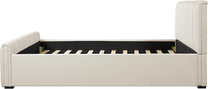 Merax Queen Size Upholstered Platform Bed with Thick Headboard and Footboard, Block Style Linen Fabric Bed Frame with Solid Wood Legs, Beige