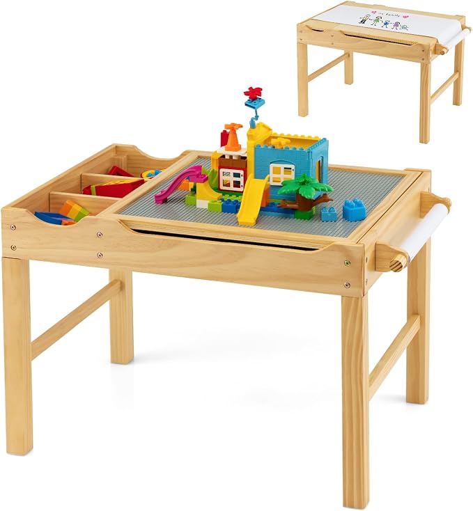 HONEY JOY Kids Table, 2 in 1 Toddler Wooden Activity Table with Paper Roll, Convertible Building Block Tabletop, 3 Storage Compartments, Children Furniture Set for Daycare, Playroom, Natural