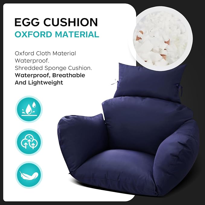 Egg Chair Cushion Replacement, Waterproof Thicken Hanging Egg Swing Chair Cushion for Outdoor Furniture, Wicker Rattan Hammock Basket Cushion with Headrest Pillow 47x31.5x4.7 inch(Blue)