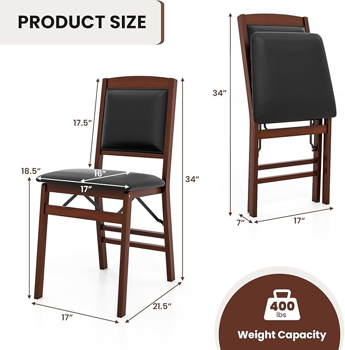 Giantex Folding Dining Chairs Set of 4, Foldable Wood Kitchen Chairs with Padded Seat, Solid Wood Frame, Max Load 400 Lbs, No Assembly Easy to Store Wooden Dining Chairs for Apartment, Small Space