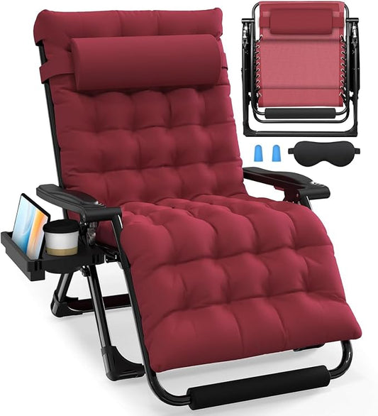 Slendor Oversized Zero Gravity Chairs XXL, 33IN Padded Zero Gravity Lounge Chair, Folding Reclining Patio Chair Lawn Recliner w/Aluminum Alloy Lock, Headrest, Cup Holder, Support 500lbs, Wine Red