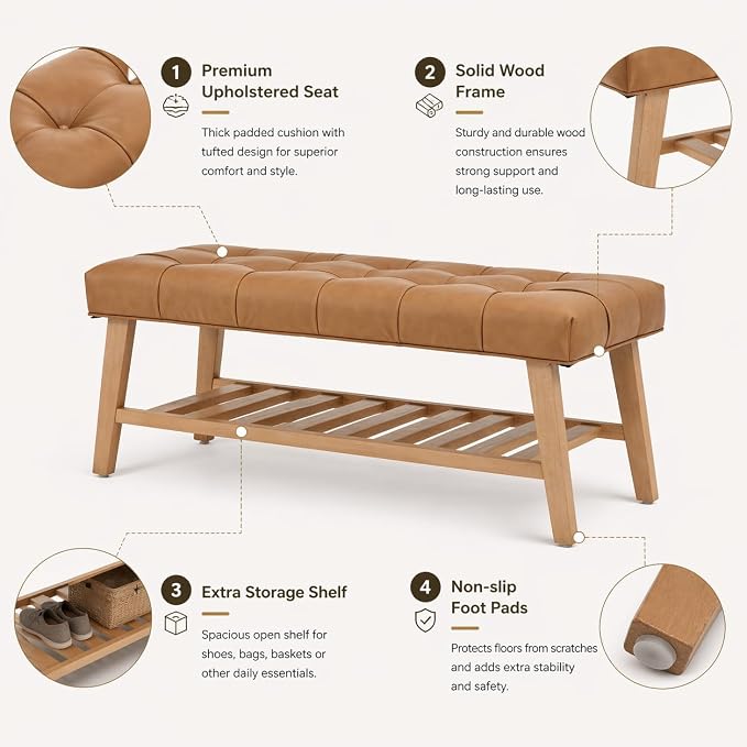 Kmax Entryway Bench with Shoe Storage, Leather Upholstered Wood Storage Bench for Living Room Window Bench for Bedroom End of Bed - PU, Brown