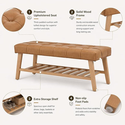 Kmax Entryway Bench with Shoe Storage, Leather Upholstered Wood Storage Bench for Living Room Window Bench for Bedroom End of Bed - PU, Brown