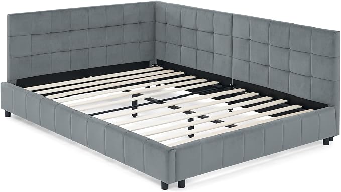Bellemave Full Size Corner Bed Frame with Comfortable Backrest and Armrests, Velvet Tufted Corner Bed Frame Full Size, Upholstered Daybed for Bedroom, Living Room, Guest Room, Gary