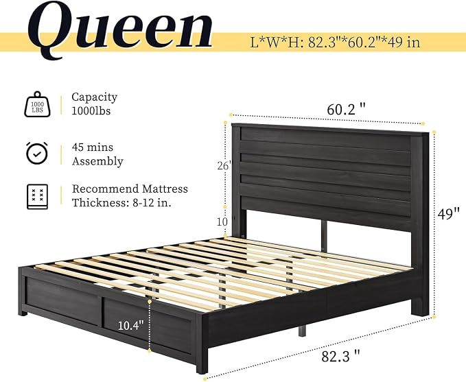 LUXOAK 2 Pcs Bedroom Furniture Sets - Includes 1 X Farmhouse 6 Drawers Dresser, 1X Farmhouse Queen Size Bed Frame with 49" Tall Headboard, Wooden Platform Bed with Hidden Metal Bed Frame, Black