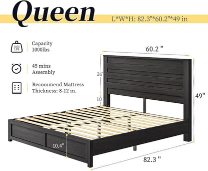 LUXOAK 2 Pcs Bedroom Furniture Sets - Includes 1 X Farmhouse 6 Drawers Dresser, 1X Farmhouse Queen Size Bed Frame with 49" Tall Headboard, Wooden Platform Bed with Hidden Metal Bed Frame, Black