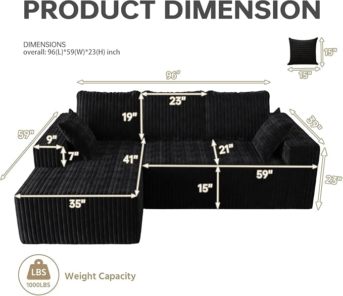 Cloud Boneless Sectional Couches with Oversized Chaise for Living Room, Modular L Shaped Couch with Deep Seat, Memory Foam Compressed 3 Seater Sofa for Apartment