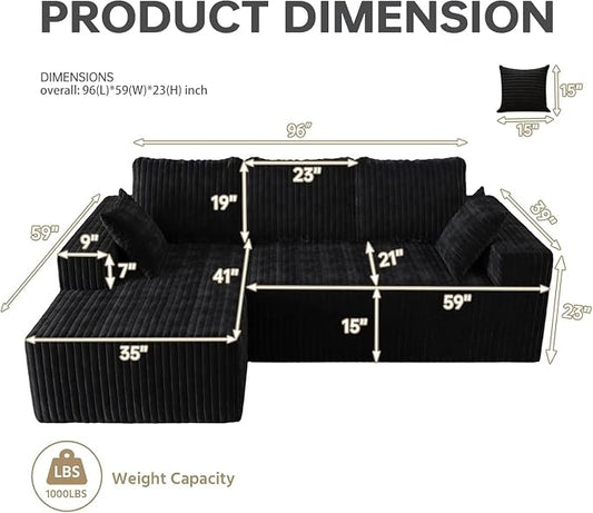 Cloud Boneless Sectional Couches with Oversized Chaise for Living Room, Modular L Shaped Couch with Deep Seat, Memory Foam Compressed 3 Seater Sofa for Apartment