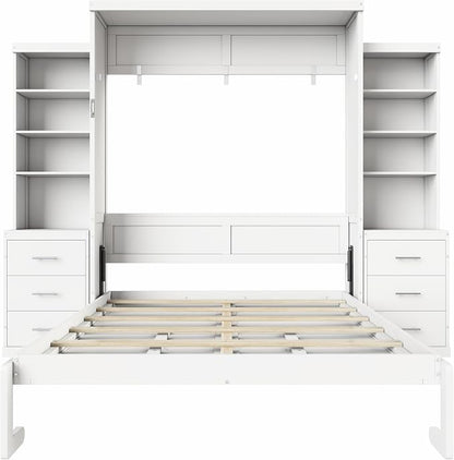 Murphy Bed Queen Size,Murphy Bed with Storage Shelves and Drawers,Wall Bedframe w/Wood Slatk,can be Folded,No Box Spring Needed,for Bedroom Apartment,White