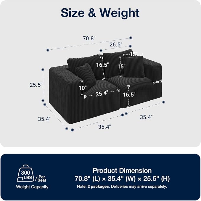 Avenco 71” 2-Seater Modular Loveseat Sofa Couch, Individually Wrapped Coil Support & Corduroy Fabric, Zero Assembly 2-Piece Set for Small Space, Black